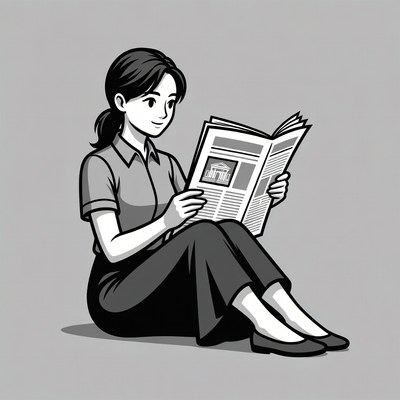 Asian woman reading newspaper