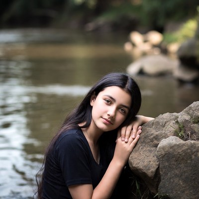 Teen girl leaning on rock by river