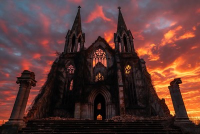 Ruined Gothic Church at Sunset