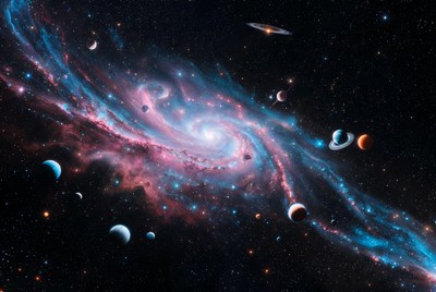 Vibrant Spiral Galaxy with Planets
