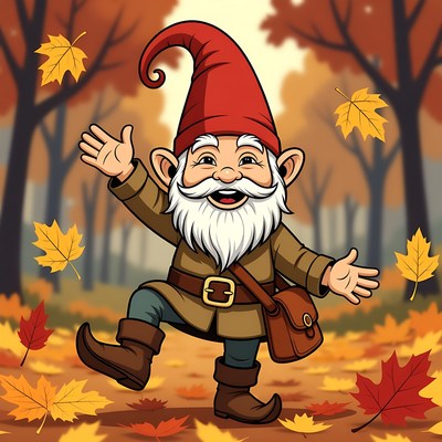 Happy Gnome Dancing in Autumn Leaves