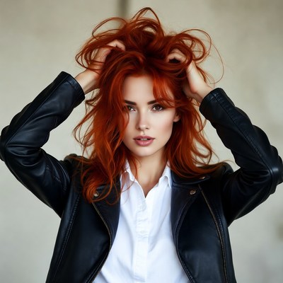 Redhead woman with tousled hair in leather jacket