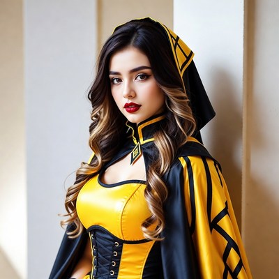 Woman in yellow black hooded robe