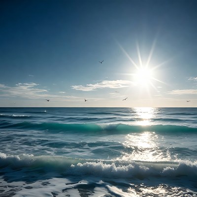 Ocean Waves with Sun and Seagulls