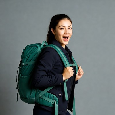 Smiling woman with green backpack