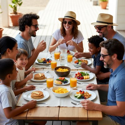 Diverse family eating breakfast outdoors