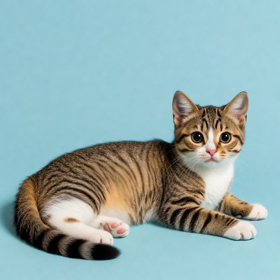 Tabby kitten lying on blue background