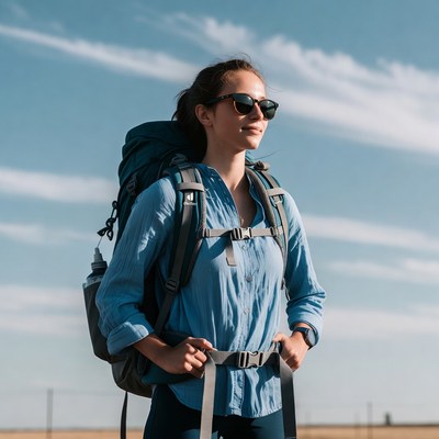 Woman hiking with backpack outdoors