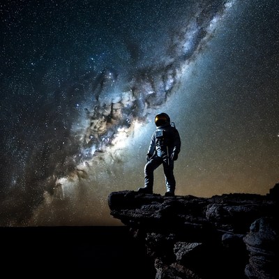 Astronaut standing on cliff gazing at Milky Way