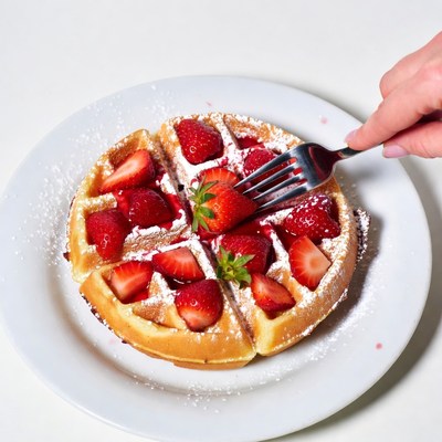 Waffle with Strawberries Forked by Hand