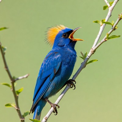 Blue bird with yellow crest singing