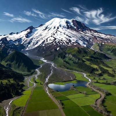 Mount Rainier with green fields and river