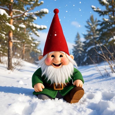 Smiling gnome in snowy forest