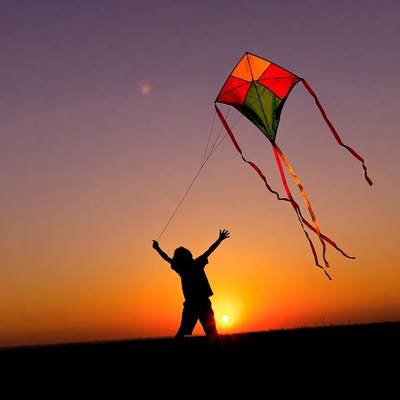 Boy flying kite at sunset silhouette