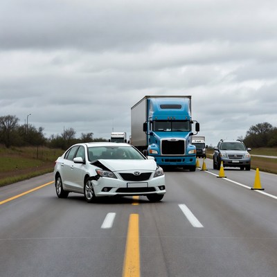 White Car Crash Near Blue Semi Truck