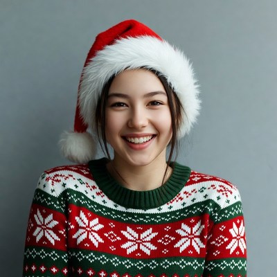 Asian girl smiling in Santa hat