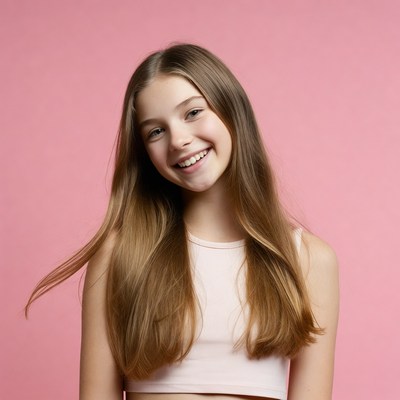 Smiling girl with long hair on pink background