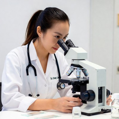 Asian woman scientist using microscope