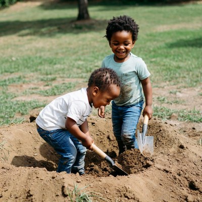 Two African-American boys digging in dirt