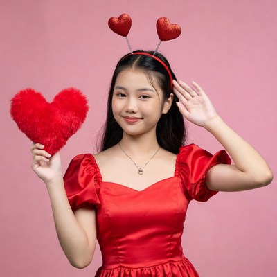 Asian girl in red heart dress holding plush heart