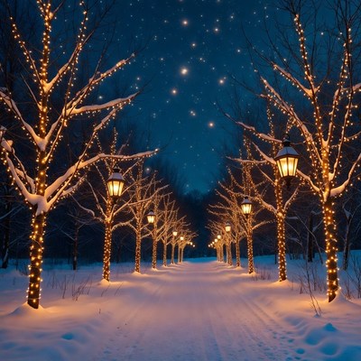 Snowy Pathway Lined with Lit Trees