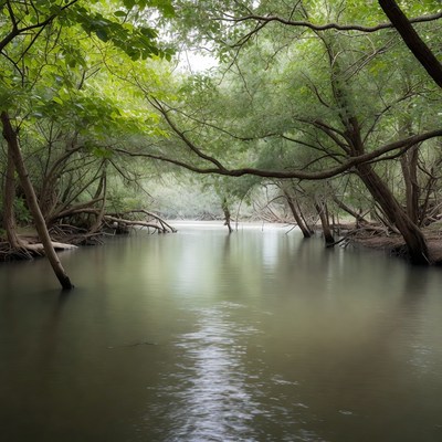 Serene Forest River with Overhanging Trees