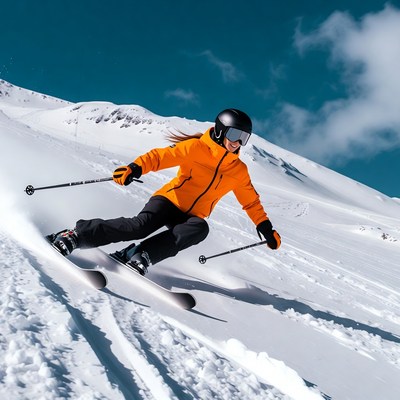 Woman skiing down snowy mountain