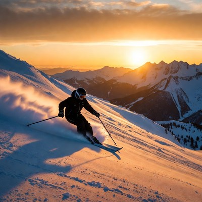 Skier descending snowy mountain at sunset