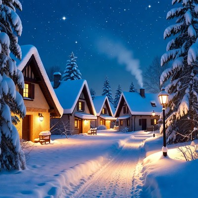 Snowy Chalet Village at Night