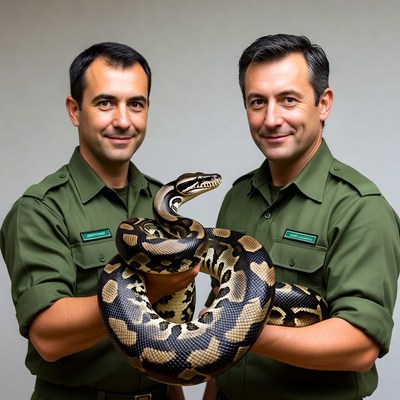 Two men holding ball python