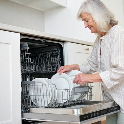 Elderly woman unloading dishwasher