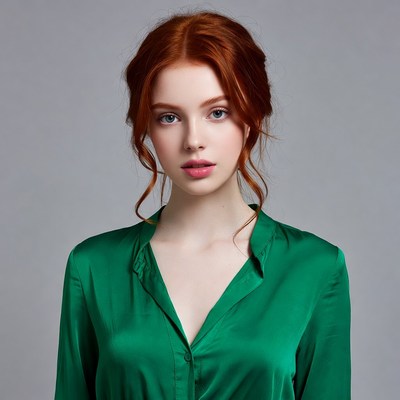 Redhead woman in green satin blouse