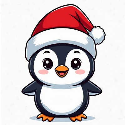 Cute cartoon penguin wearing Santa hat