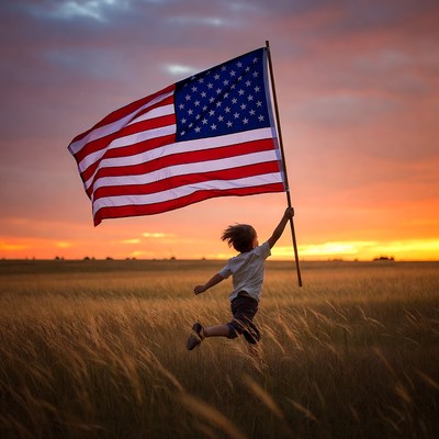 Boy running with American flag in field