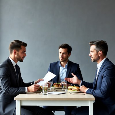 Three businessmen discussing over lunch