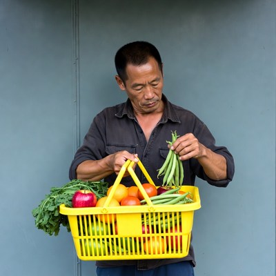 Asian man holding vegetable basket