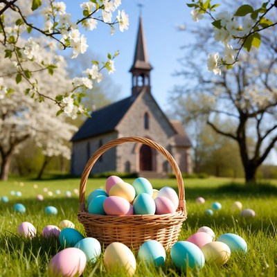 Easter Basket with Eggs and Church
