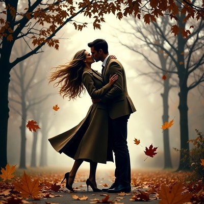 Romantic couple kissing in autumn forest