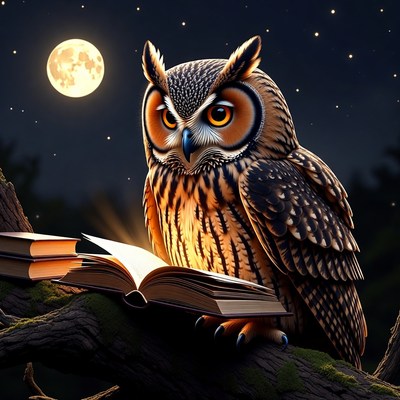 Owl reading book on tree branch