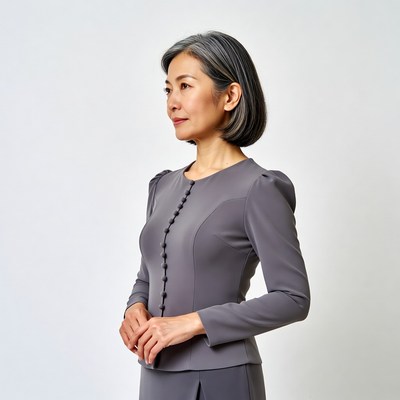Asian woman in gray dress profile view
