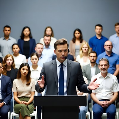 Man speaking at podium to audience
