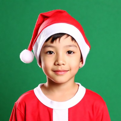 Asian boy in Santa hat and suit