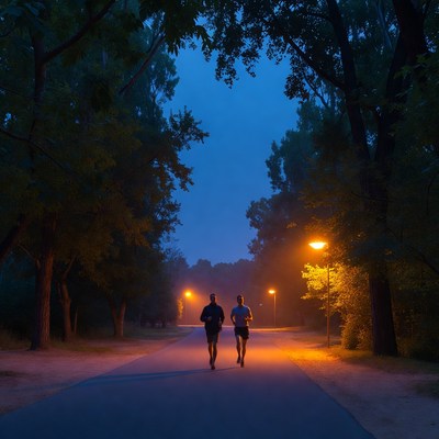 Two men jogging on evening path