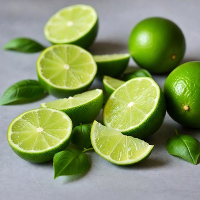 Fresh Limes with Basil Leaves