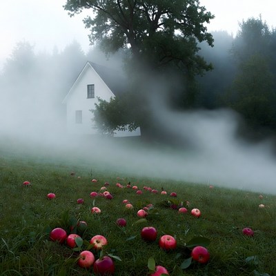 Red Apples Scattered on Foggy Grass