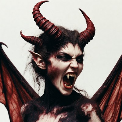 Demonic Woman with Horns and Wings Roaring