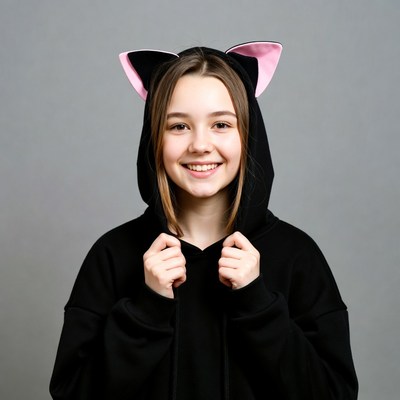 Girl wearing cat ear hoodie