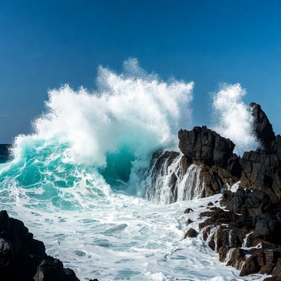 Crashing waves against black rocks