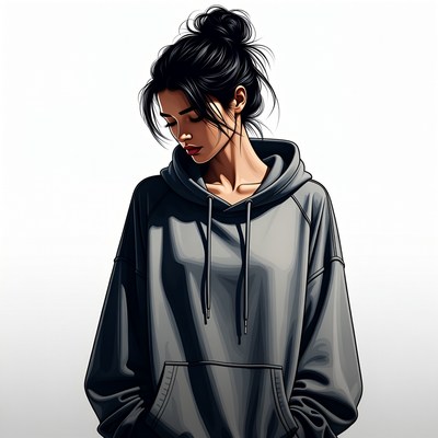 Woman in gray hoodie with messy bun