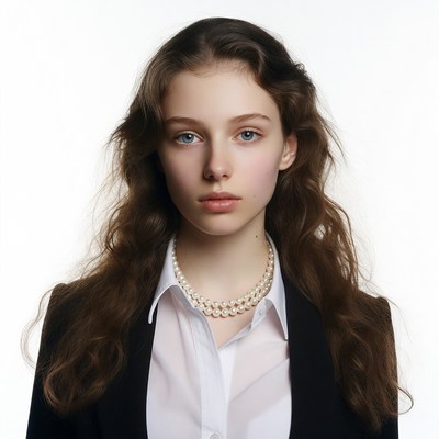Young woman in black blazer pearl necklace